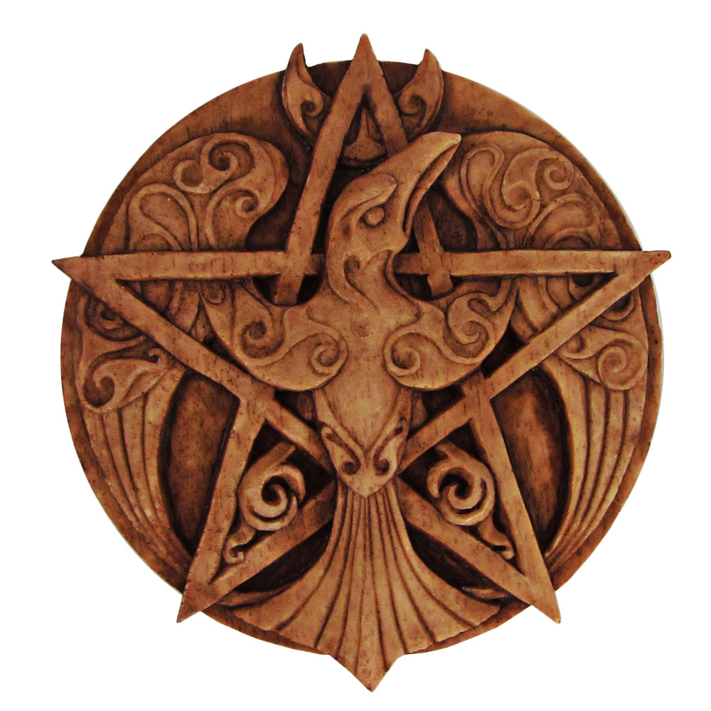 Raven Pentacle Wood Finish Wall Plaque