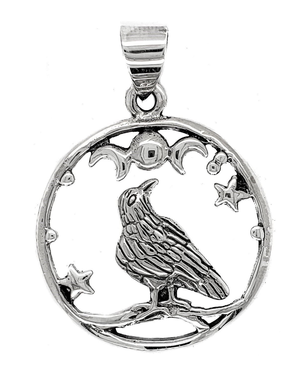 Crow Triple Moon Silver Pendant
